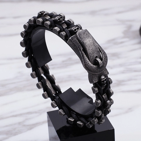 Bracciale Da Uomo In Pelle Intrecciata Punk Vintage Con Teschi In Acciaio Inossidabile 316L Gioielli Goth