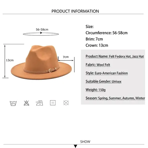 Classic Wool Felt Fedora Hat Wide Brim Vintage British Jazz Cap With Leather Belt Gold Buckle For Men Women