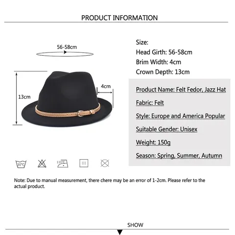 Wool Felt Fedora Hat With Leather Band Metal Buckle Vintage Jazz Cap Solid Color Unisex Wide Brim Winter Outdoor