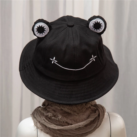 Cute Frog Bucket Hat Cotton Canvas With 3D Eyes And Embroidered Smile Sun Protection Novelty Fisherman Cap For Kids Adults