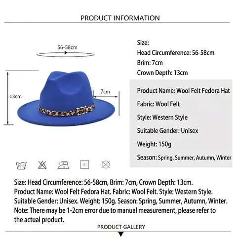 Vintage Wool Felt Fedora Hat Wide Brim With Leopard Print Belt Gold Buckle Winter Warm Jazz Cap For Women Men