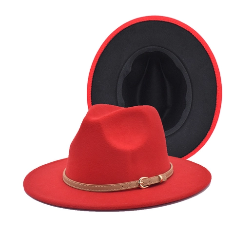 Fedora Hat Wide Brim Wool Felt Two Tone Contrast Color Vintage Jazz Cap With Belt Buckle For Men Women Style