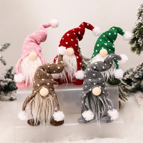 Gnome De Noël Ornements Bonnet En Tricot Avec Motif De Coeur Longue Barbe En Fausse Fourrure Poupées Peluche Décoration