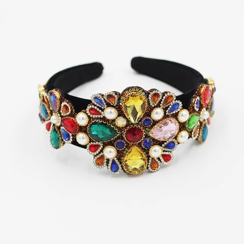 Baroque Luxury Headband Colorful Rhinestones Crystals Retro Wide Brim Hair Accessory Women Party Wedding