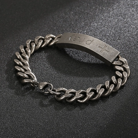 Men Vintage Stainless Steel Bracelet Cuban Link Chain With Engraved Pray Cross Plate Punk Hip Hop Jewelry Gift