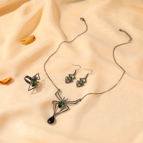 Gothic Spider Necklace Earrings Ring Jewelry Halloween Exaggerated Green Rhinestone Gunmetal Black Alloy Women Accessory