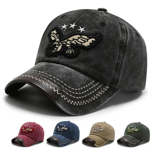 Retro Washed Cotton Baseball Cap Eagle Embroidery Distressed Vintage Dad Hat With Leather Trim Contrast Stitching Adjustable