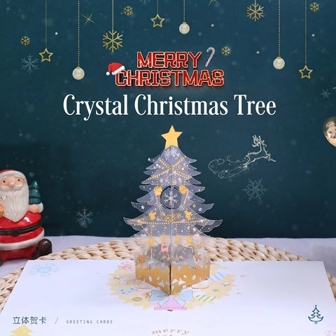 Biglietto Di Natale 3D Pop Up Albero Trasparente Cristallo Foglia D'oro Taglio Laser Regalo Auguri