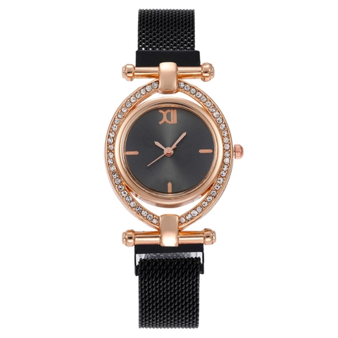 Damen Mode Quarz Uhr Strass Lünette Metall Gitterband Magnetverschluss Elegante Analoge Armbanduhr