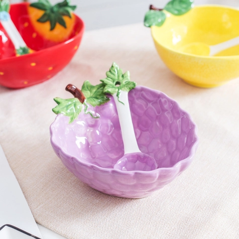 Ceramic Fruit Vegetable Shape Bowl And Spoon Creative 3D Watermelon Strawberry Pineapple Porcelain Kids Tableware