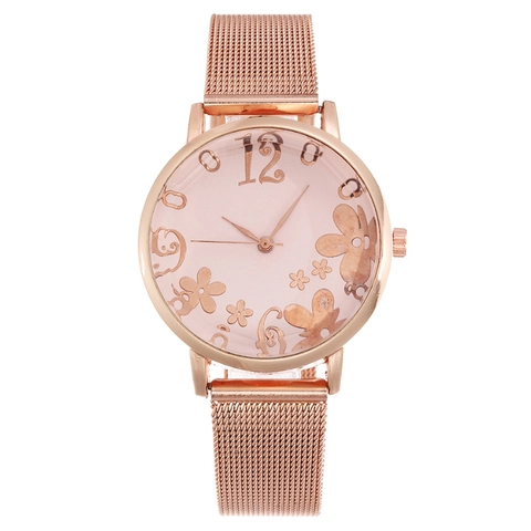 Orologio Al Quarzo Moda Donna Cassa Lega Cinturino Maglia Acciaio Inossidabile Quadrante Elegante Fiori Farfalla Numeri