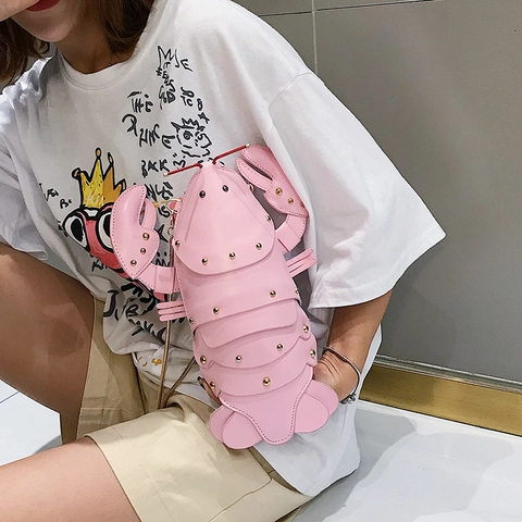 Novelty Lobster Shaped Crossbody Bag PU Leather Rivet Decor Metal Chain Shoulder Purse Creative Animal Style Fashion Accessory