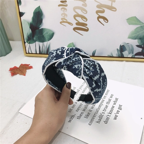 Women Wide Denim Fabric Headband Top Knot Striped Contrast Edge Korean Style Hairband Fashion Accessory Hair Hoop