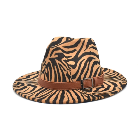 Cappello Fedora Con Stampa Zebra Feltro Di Lana Tesa Larga Stile Jazz Retro Con Cintura In Pelle Fibbia In Metallo