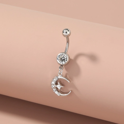 Navelpiercing Maan Ster Roestvrij Staal Legering Strass Navel Piercing Sieraden Voor Vrouwen Sexy Zilvertint