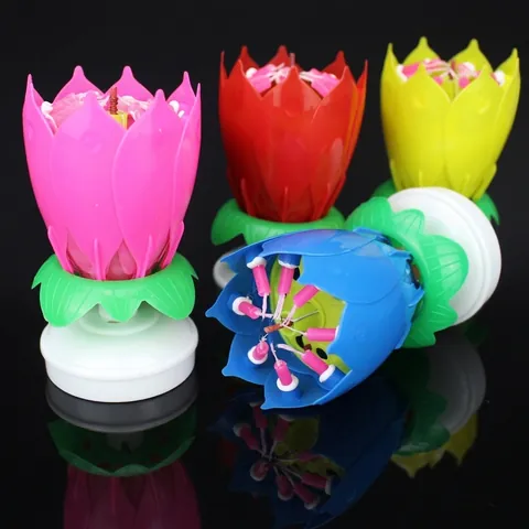 Musical Birthday Candle Rotating Lotus Flower Opening Petals Decorative Electronic Lights For Cake Decoration Party Celebration