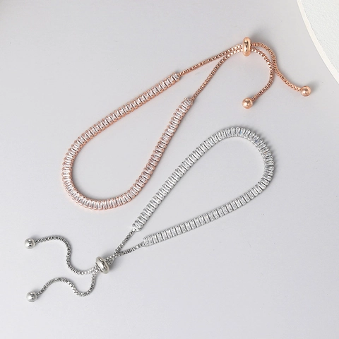 Rectangular Zircon Tennis Bracelet For Women Adjustable Bolo Slider Copper Gold Plated Elegant Single Row Jewelry