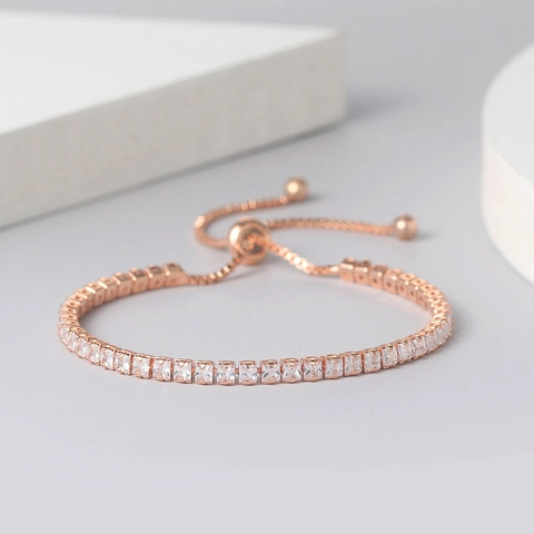 Pulsera Tennis De Circonia Cuadrada Cobre Ajustable Bolo Cadena Fila Única Joyería De Moda Para Mujeres
