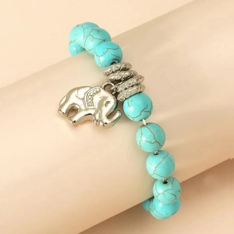 Bracelet Bohème Avec Turquoise Et Pendentif Éléphant Hibou En Alliage Style Ethnique Vintage Bijoux Perles Femme
