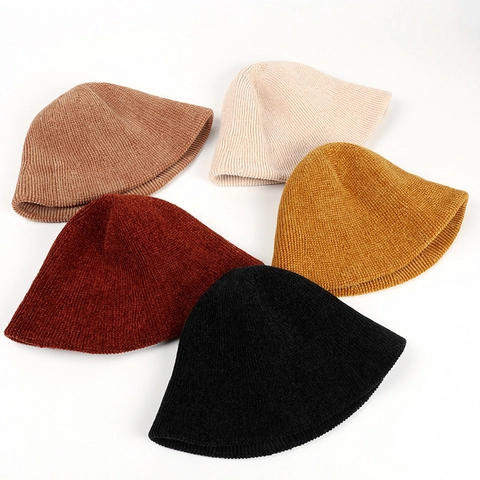 Women Winter Knitted Bucket Hat Chenille Solid Color Warm Thickened Ribbed Texture Dome Pot Hat Fashion Accessory