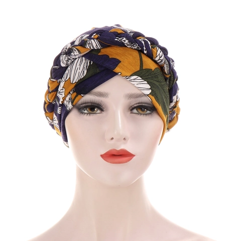 Turban Femme Imprimé Floral Bord Tressé Extensible Satin De Lait Enveloppement De Tête Style Ethnique Bohème