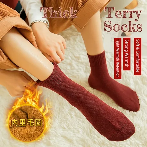 Women Winter Thick Thermal Terry Socks Cotton Knitted Warm Solid Color Mid-Calf House Floor Socks For Cold Weather
