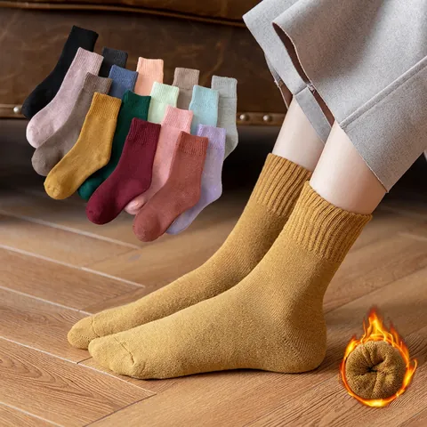 Women Winter Thick Thermal Terry Socks Cotton Knitted Warm Solid Color Mid-Calf House Floor Socks For Cold Weather