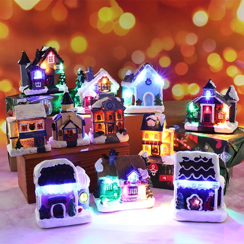 LED Lighted Christmas Village Miniature Houses Snow Covered Resin Ornament Tabletop Holiday Decor Gift Landscape