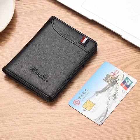 Men Ultra Thin Bifold Wallet PU Leather Litchi Pattern Vertical Card Holder With ID Window Business Casual Purse