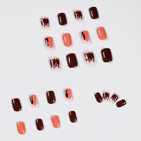 Wine Red Smudged Press On Nails Short Square Round Glossy Fake Nails With Gold Foil Versatile Manicure For Women