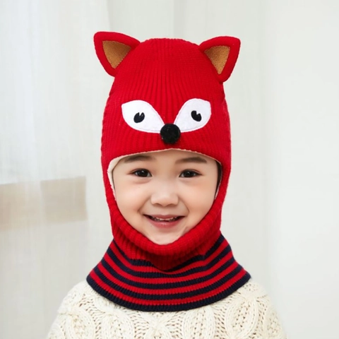 Gebreide Fox Balaclava Muts voor Kinderen Geïntegreerde Oorbescherming Warme Cartoon Dieren Sjaal met Capuchon voor Jongens Meisjes