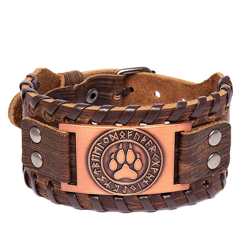Vintage Viking Leather Bracelet Wolf Paw Nordic Rune Metal Plate Braided Wide Cuff Wristband Punk Men Accessory