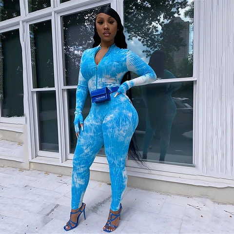 Damen Jumpsuit Mit Krawattenfärbung Langarm Reißverschluss Vorne Gerippt Figurbetont Skinny Mode Lässig Mit Handschuhen