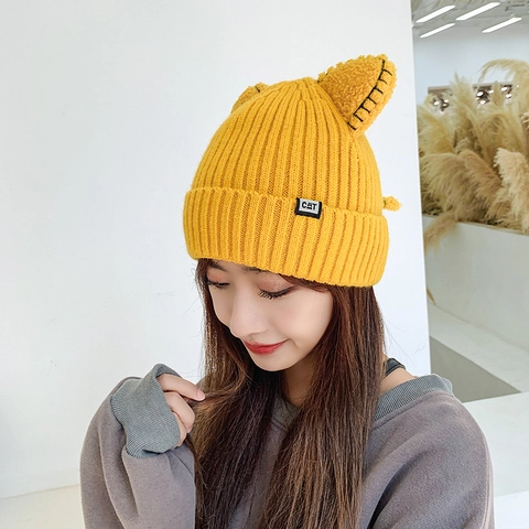 Damen Niedlich Katzenohren Rippstrick Mütze Winter Warm Weich Acryl Häkeln Skull Cap Koreanischer Stil Mode Outdoor Kopfbedeckung