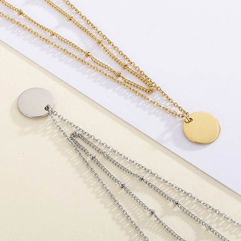 Double Layer Necklace 316L Stainless Steel Round Disc Pendant Minimalist Bead Chain Clavicle Jewelry For Women
