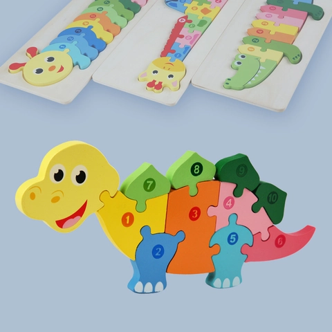 Wooden 3D Animal Jigsaw Puzzle Number Recognition Montessori Educational Early Learning Cognitive Toy For Kids Toddlers