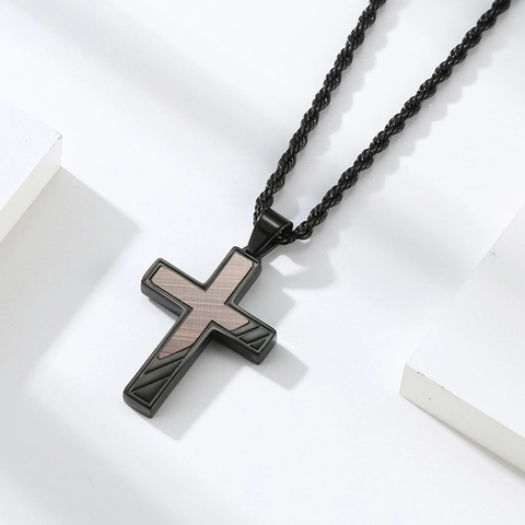 Roestvrijstalen Kruis Hanger Ketting In Mat Zwart Met Houtnerf Inleg Retro Religieuze Hip Hop Sieraden Voor Heren