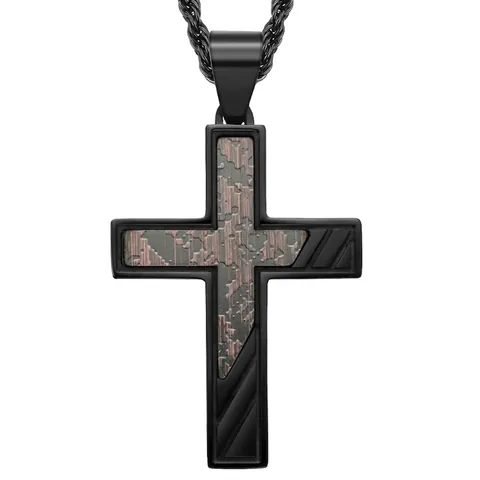 Roestvrijstalen Kruis Hanger Ketting In Mat Zwart Met Houtnerf Inleg Retro Religieuze Hip Hop Sieraden Voor Heren