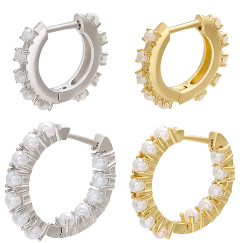 Pendientes De Aro Huggie Para Mujer De Latón Con Perlas Artificiales Blancas Micro Incrustadas Geométricos Elegantes Joyería