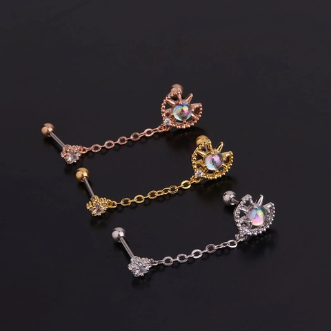 Zircon Flower Ear Cartilage Stud Earrings Stainless Steel Chain Double Piercing Jewelry For Women Screw Ball Back