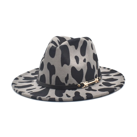 Cappello Fedora In Lana Tesa Larga Motivo Mucca Leopardo Feltro Jazz Cap Cintura Pelle Fibbia Retrò Esterno Unisex