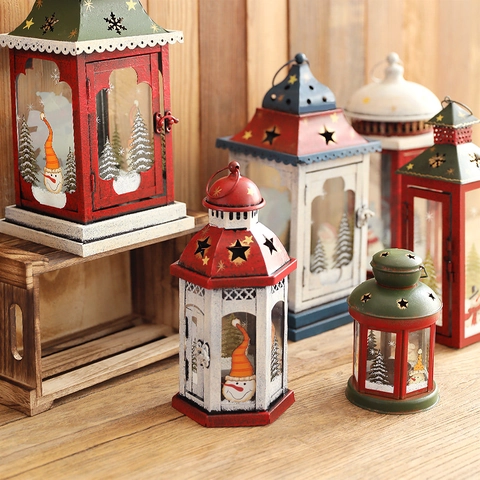 Weihnachtsdekoration Laterne Retro Metall Eisen Glas Kerzenhalter Mit Weihnachtsmann Schneemann Druck Stern Ausschnitt