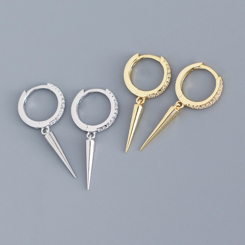 925 Sterling Silver Dangle Hoop Earrings With Cubic Zirconia Micro Pave Spike Cone Pendant Punk Minimalist For Women