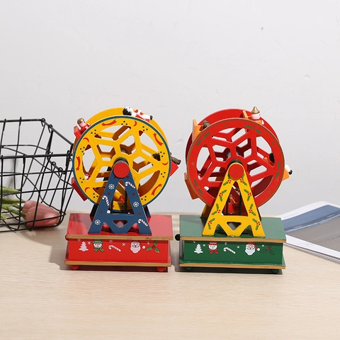Christmas Music Box Wooden Rotating Ferris Wheel Tabletop Decor Festive Ornament Mechanical Wind Up Holiday Gift