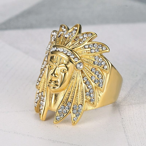 Hip Hop Indiase Chief Ring Titanium Staal Verguld Witte Strass Punk Etnische Sieraden Voor Heren