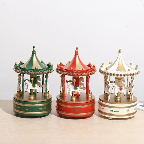 Carousel Music Box Wooden Rotating Musical Ornament For Christmas Decoration Desktop Retro European Style Gift Kids