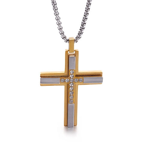 Men Cross Pendant Necklace Stainless Steel Two Tone Inlaid Zirconia Religious Jewelry With Box Chain