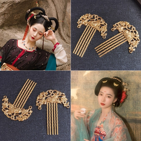 Peigne À Cheveux Style Chinois Vintage Fleur De Lotus Alliage Creux Floral Or Hanfu Coiffe Pour Femmes