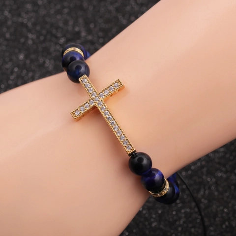 Tiger Eye Stone Beaded Bracelet With Cubic Zirconia Cross Copper Charm Adjustable Woven Rope Religious Jewelry For Men