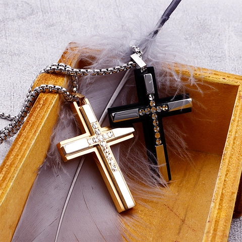 Men Cross Pendant Necklace Stainless Steel Two Tone Inlaid Zirconia Religious Jewelry With Box Chain